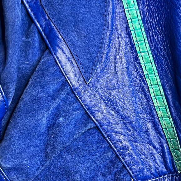 Vintage 80s Size Small Blue Leather Skirt Pants Skirt Suit Set Snakeskin Suede - Picture 8 of 16